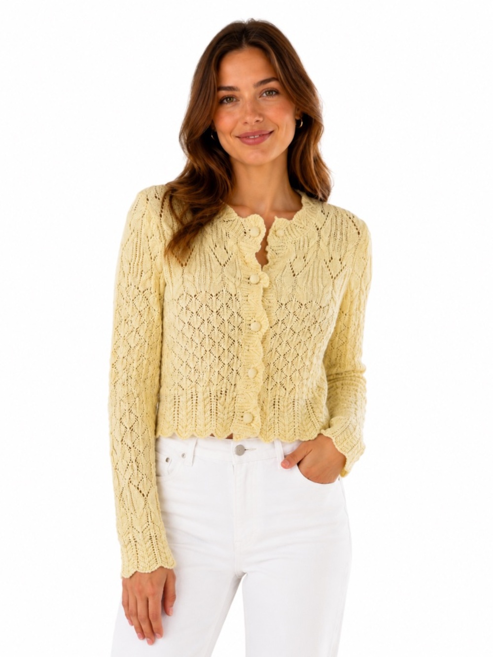 Yellow open knit/crochet cardigan boxy S cotton House of Harlow coastal cottage
